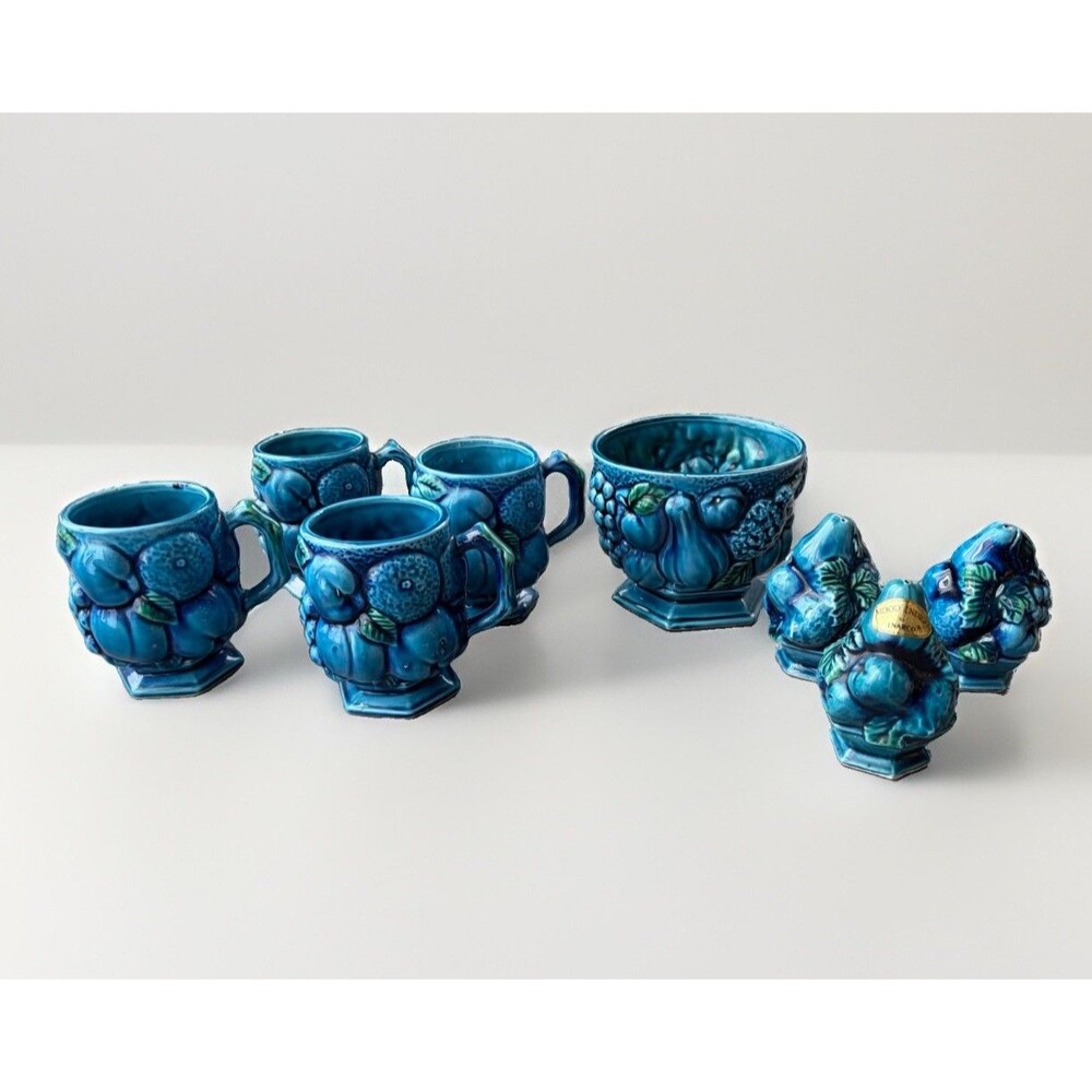 Vtg Inarco Mood Indigo Ceramic Blue Fruit 8pc Set 4 Mugs 1 Bowl Salt Pepper